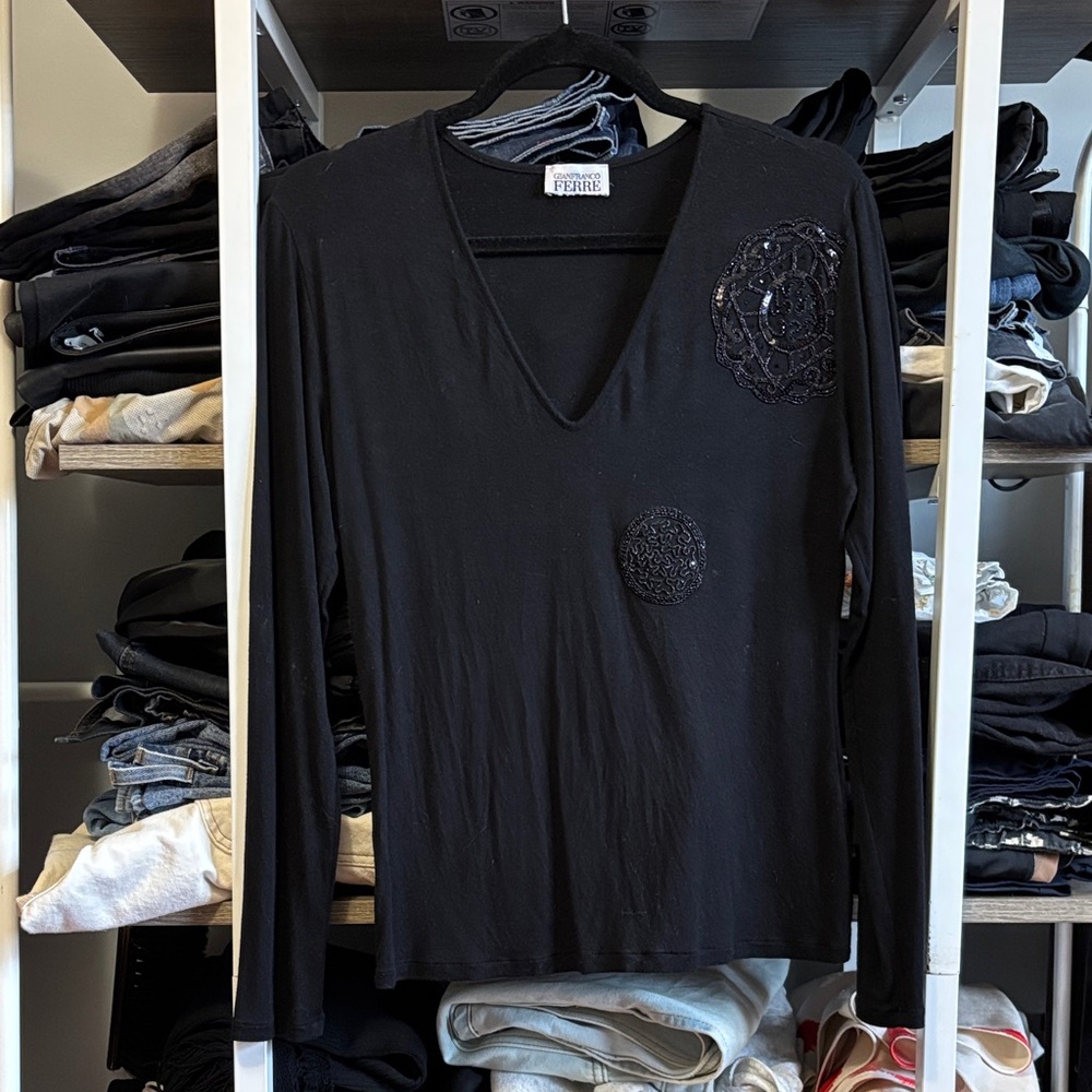 Gianfranco Ferre Black Longsleeve Top with Black Beaded Design
